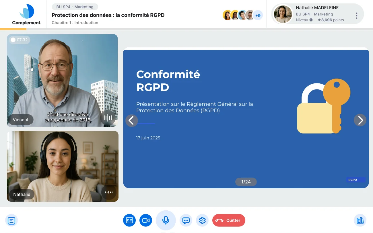 Complement interface — Conversational AI avatar in training session